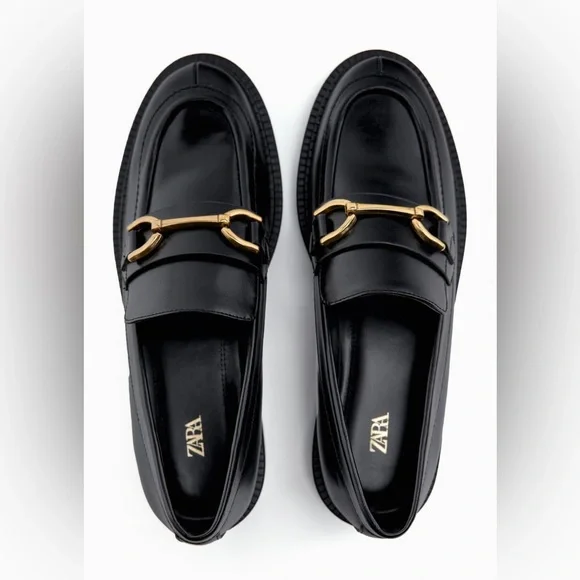 Zara Black Leather Gold Chain Slip On Loafer Shoes Flats  Zara Black and White Striped Loafers with Gold Detail display picture 1